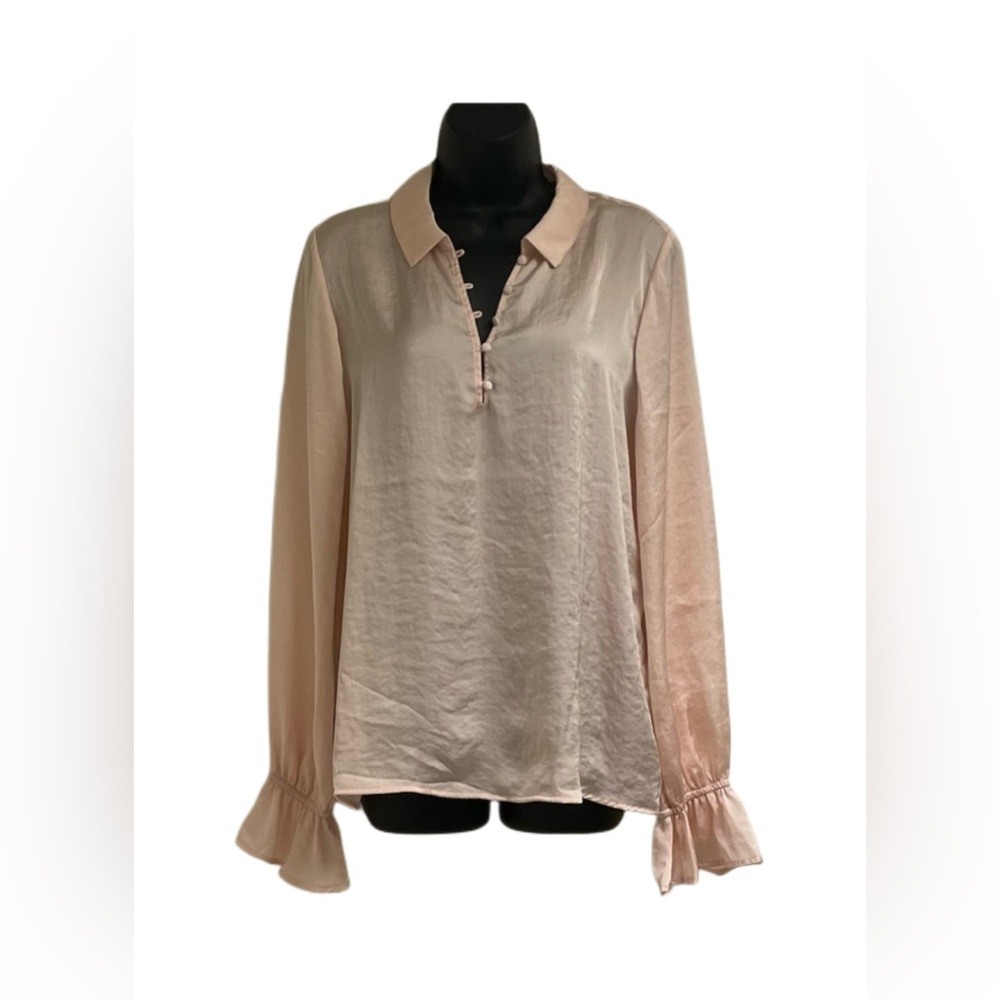PAIGE Blush Pink V-Neck Popover Blouse w/ Long Sleeves and Ruffled Cuffs